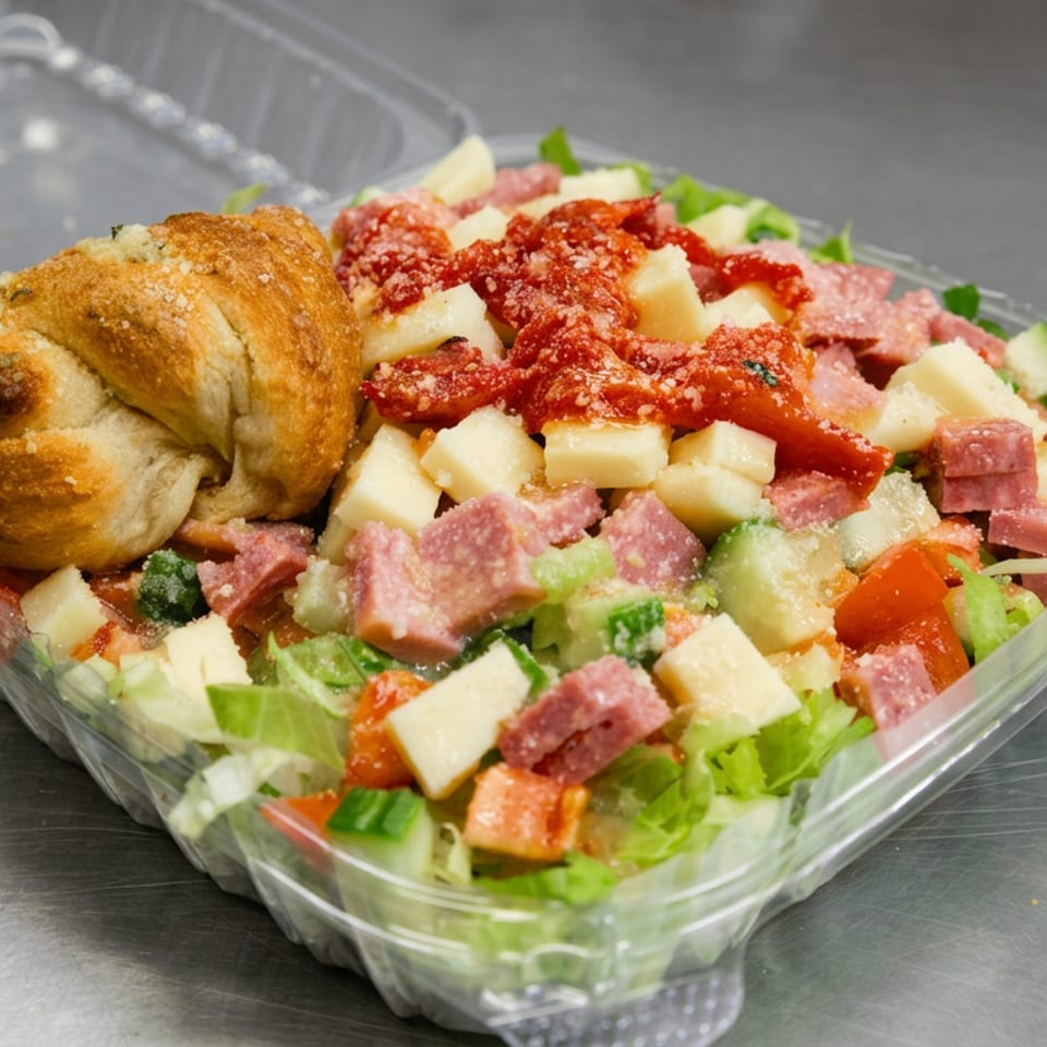 Antipasto salad with lettuce, cheese, salami, tomatoes, cucumbers, peppers, and sun-dried tomatoes, served with a crusty roll in a plastic container.