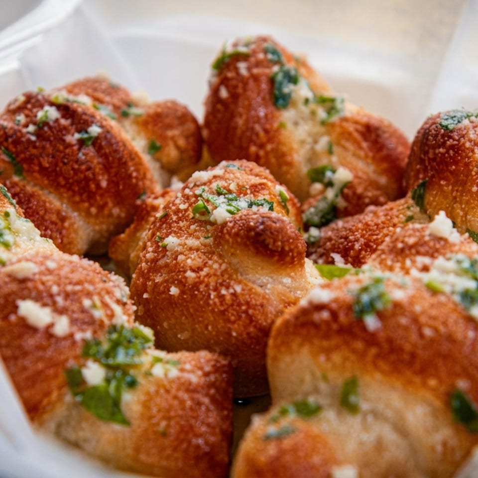 Basket of golden garlic bread rolls topped with melted butter, grated cheese, and chopped parsley.