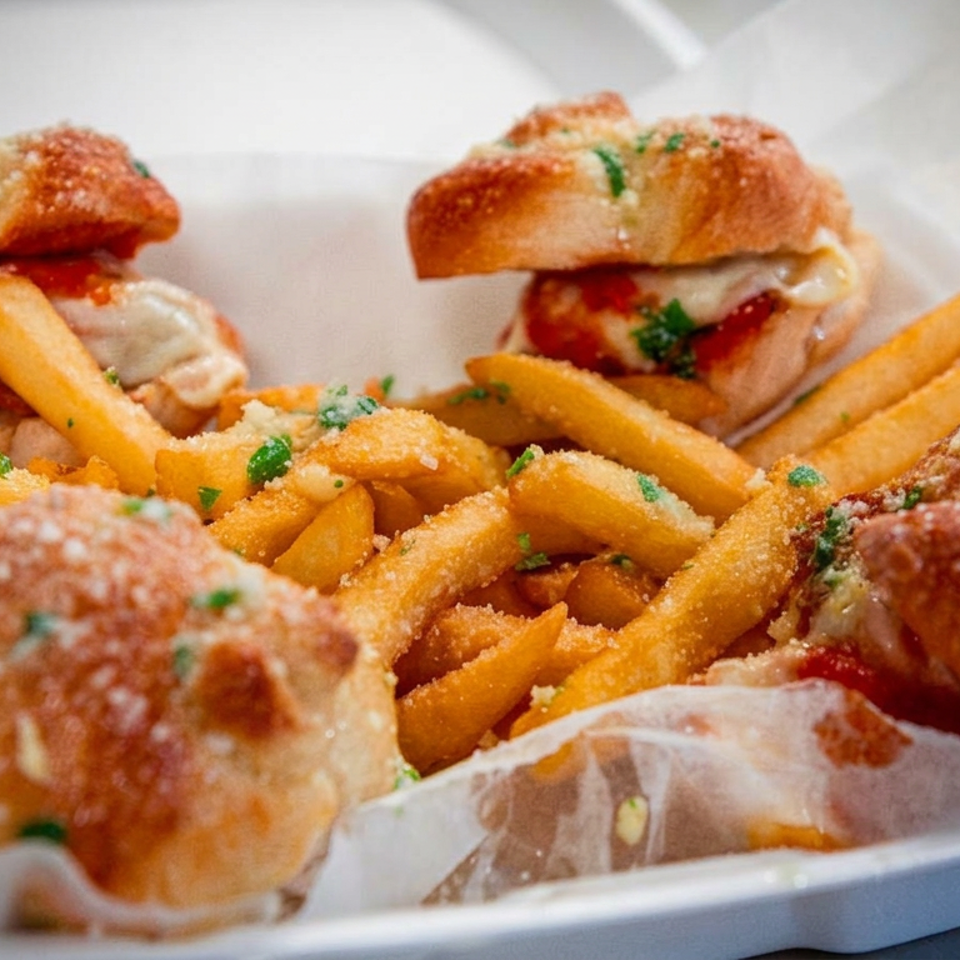 Basket of saucy sliders, seasoned fries, and garlic rolls garnished with parsley.