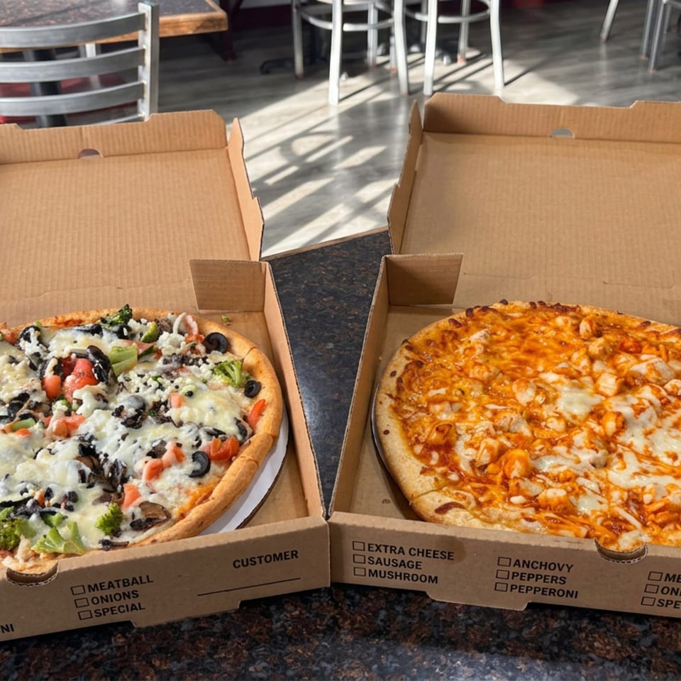 Two pizzas in open cardboard boxes: one topped with vegetables, black olives, and melted cheese, the other covered with cheese and tomato sauce.