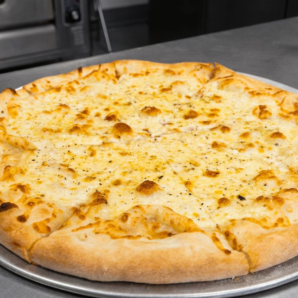 Large golden cheese pizza with a thick crust sits on a metal serving tray in a commercial kitchen.