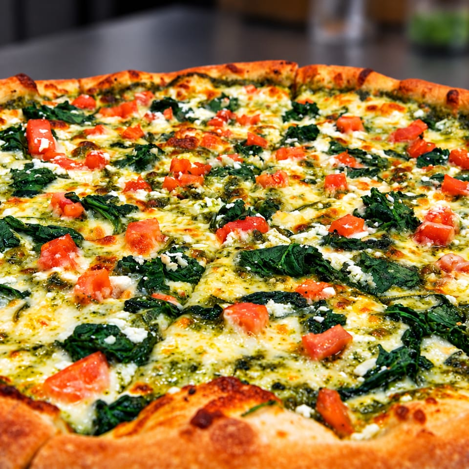 Close-up of a golden-crusted pizza topped with melted cheese, spinach, diced tomatoes, pesto, and crumbled cheese.