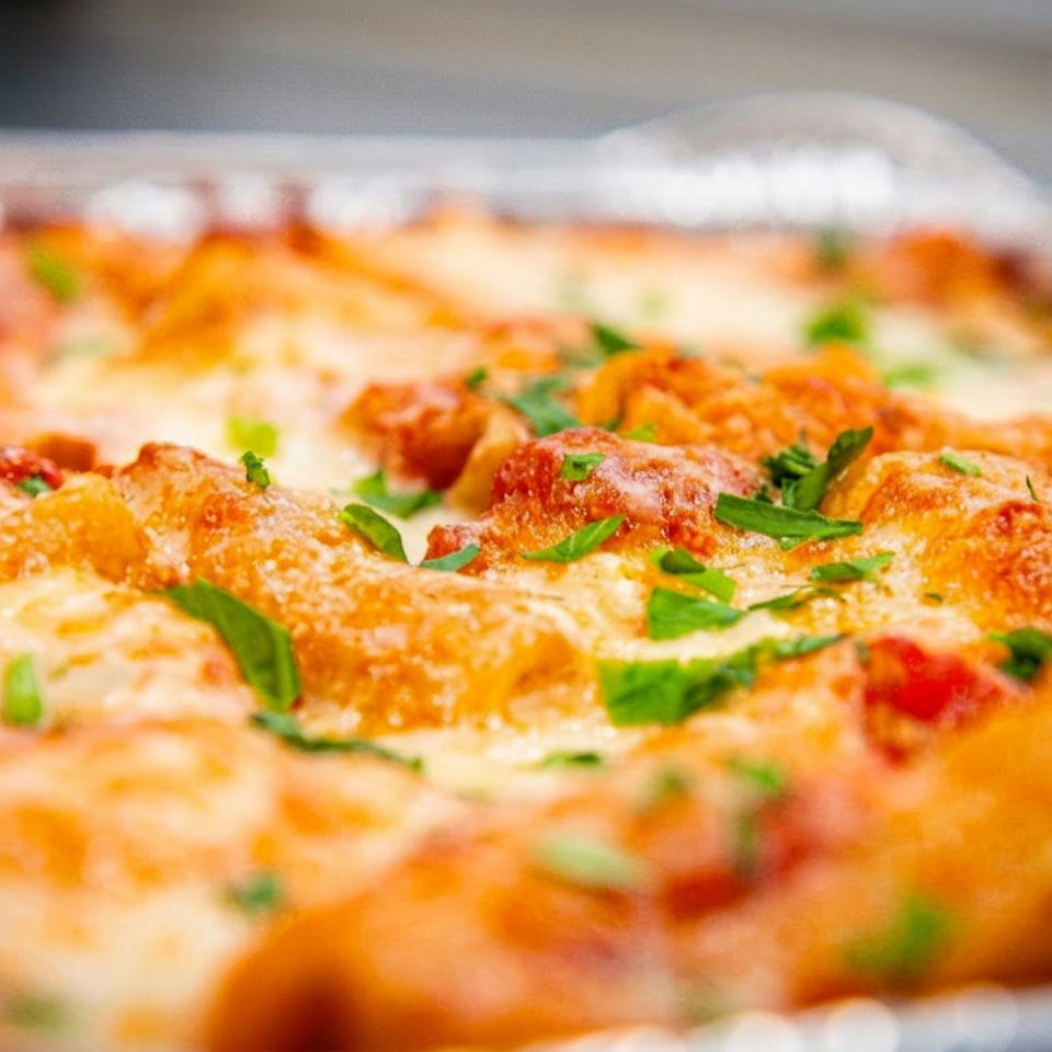 Close-up of a cheesy pizza topped with browned meat, vegetables, and fresh green herbs.