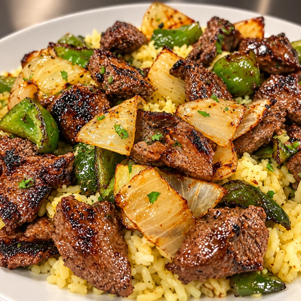 Grilled beef, green peppers, and onions served over seasoned yellow rice on a white plate.