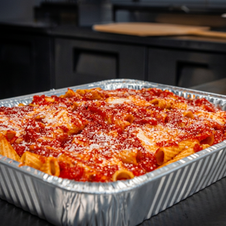 Aluminum tray filled with rigatoni pasta in red tomato sauce, topped with grated Parmesan, on a restaurant kitchen counter.