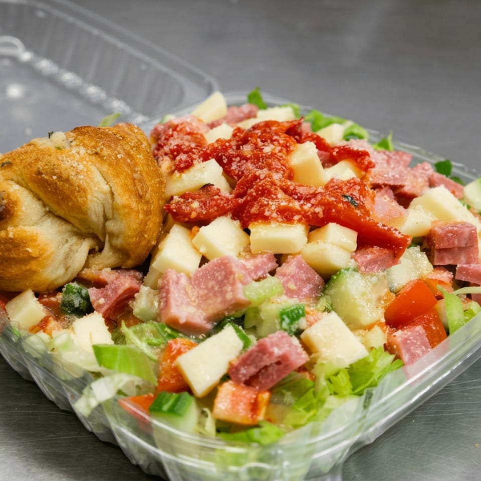 Antipasto salad with lettuce, cheese, salami, tomatoes, roasted peppers, and a bread roll in a clear container.